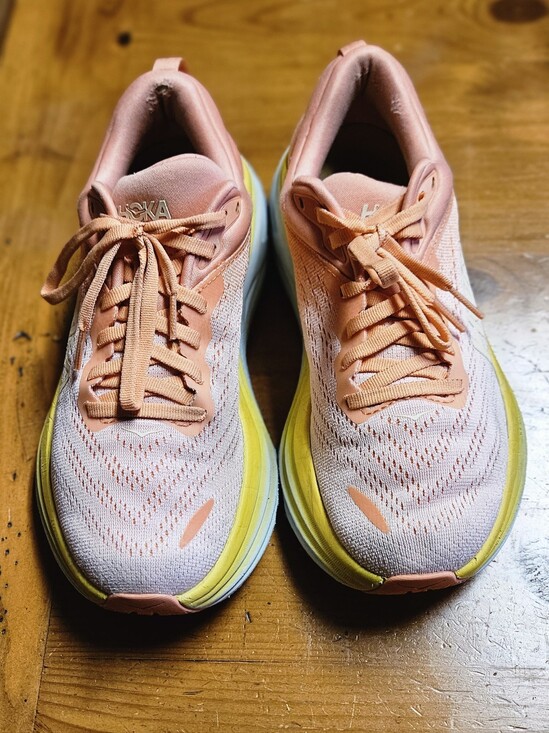 Hoka Shoes - Hoka Womens Pink Peach Running Shoes with Yellow Accent